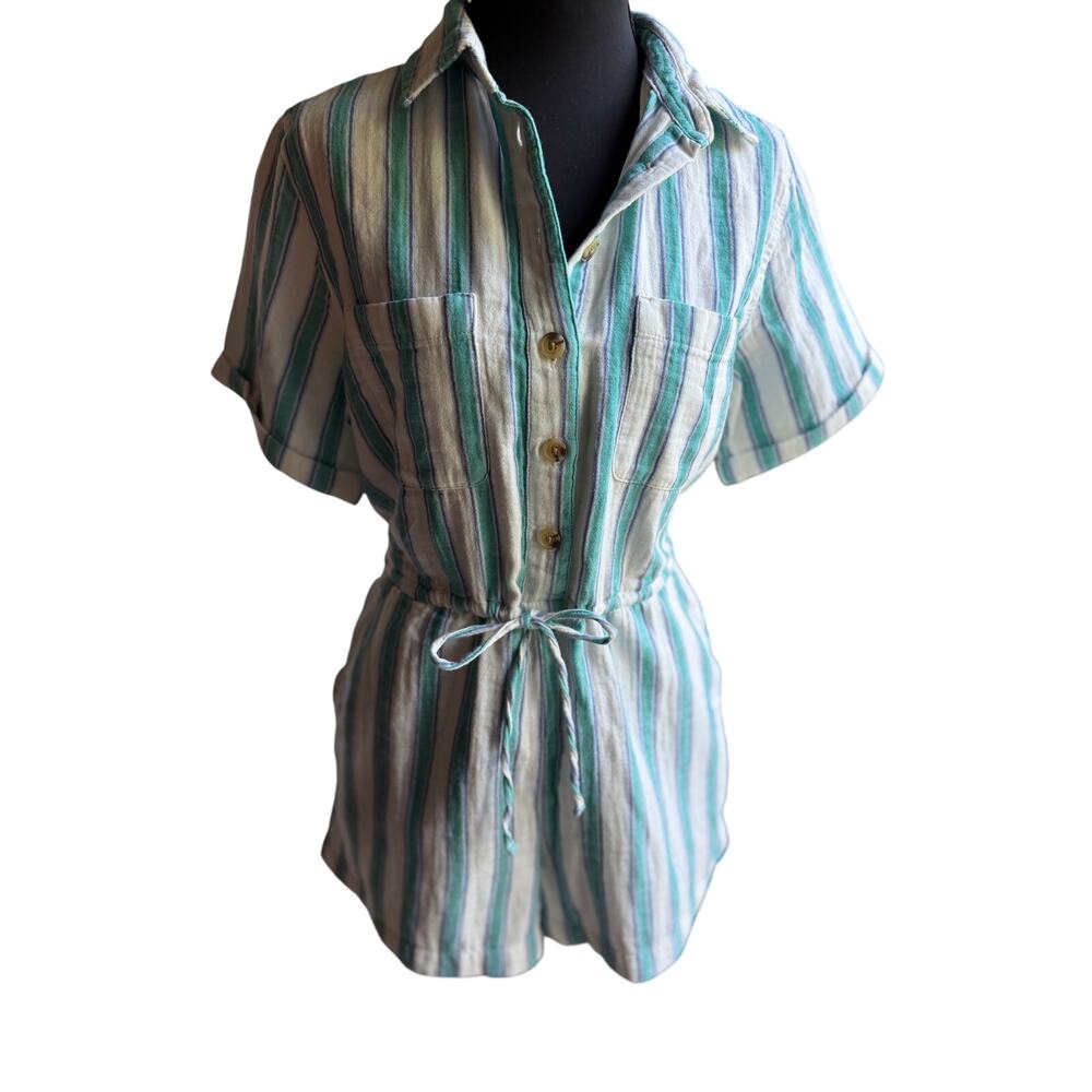 Old Navy XS Petite Coastal Stripe Cotton Romper Blue Green Drawstring Pockets